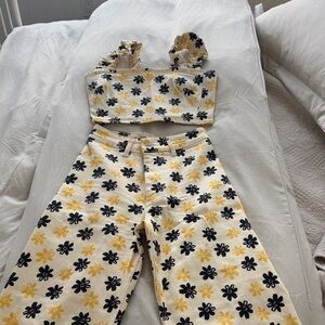 Zara Yellow and Black Floral Wide Leg Jeans